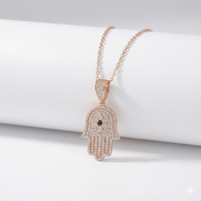 שרשרת חמסה בשילוב מגן דוד כסף- ציפוי זהב אדום